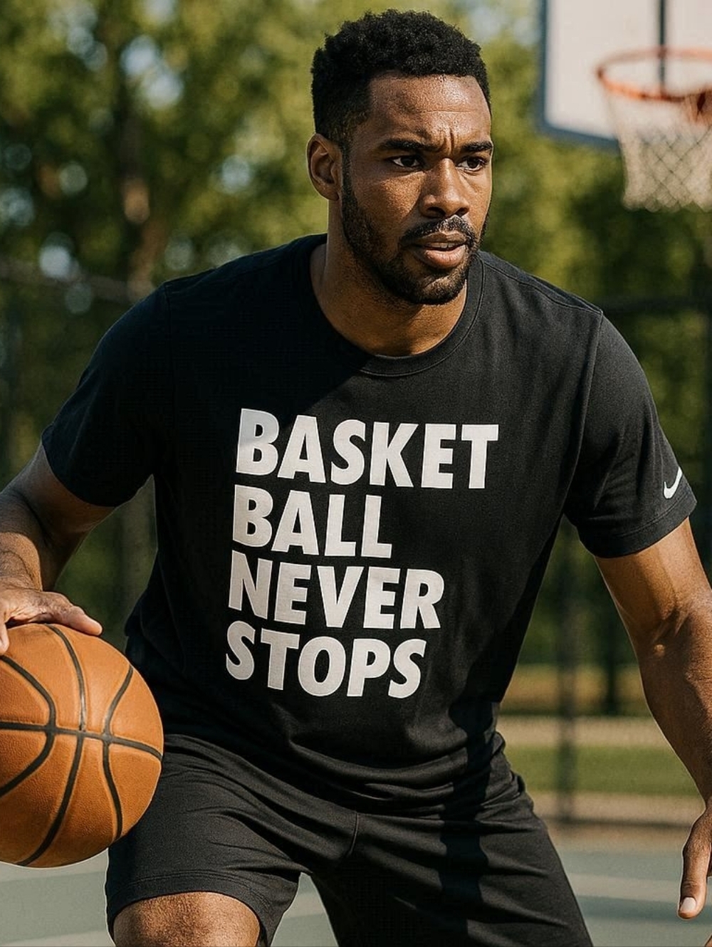 Nike T Athletic Cut 'Basketball Never Stops' Graphic Tee - Black & White